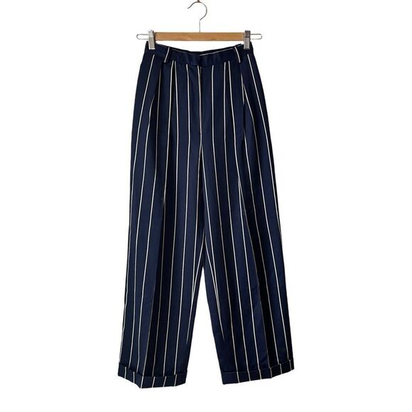 Vintage  navy blue  high waisted wool pinstripe tailored trousers XS‎ - Picture 1 of 8
